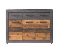 INDY - Meuble chambre. Commode avec 3 tiroirs en mélaminé coloris gris ciment portes bois effet vieilli. L - H - P : 117 - 86 - 37