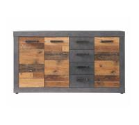 INDY - Meuble chambre. Commode avec 4 tiroirs en mélaminé coloris gris ciment portes bois effet vieilli. L - H - P : 151 - 86 - 37
