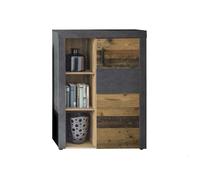INDY - meuble de salon - Bahut en mélaminé coloris bois effet vieilli avec une finition gris ciment. L - H - P : 87 - 118 - 34 cm