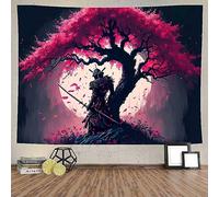 Ine Ive Tapisserie samouraï japonaise pour chambre à coucher, esthétique, pleine lune, cerisier, arbre en fleurs, guerrier, décoration murale asiatique orientale, 203 x 152,4 cm, art japonais pour