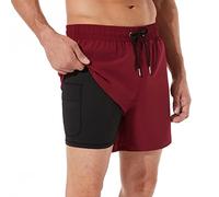 ineepor Maillot de Bain Homme 2 in 1 Tight Liner Short de Bain Homme Zip Pocket Maillot de Bain Short de Surf Short de Plage Short de Boxe Séchage Rapide,WineRed,S