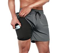 ineepor Maillot de Bain Homme 2 in 1 Tight Liner Short de Bain Homme Zip Pocket Maillot de Bain Short de Surf Short de Plage Short de Boxe Séchage Rapide,Gris,S