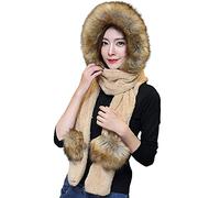 iNelihoo Foulard à capuche en fausse fourrure 3 en 1 pour femme -Bonnet Echarpe Gants ,Écharpe à capuche avec moufles et cache-cou - Bonnet long Kaki Taille Unique