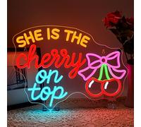 ineonlife She is the Cherry On Top Neon Led,Cerise Lettre Lumineuse, Neon Mural pour Décoration,Néon Led pour Anniversaire,Chambre de Fille,Salle de Yoga,Fête,Cadeau pour Fille