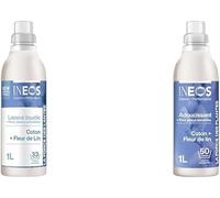 INEOS Lessive Liquide Hypoallergénique Concentré 1L (33 Lavages) + Assouplissant 1L (50 Lavages), Nettoyage Imbattable à Base De Plantes, Efficace à Partir De 20°C, Fleurs De Coton Et De Lin
