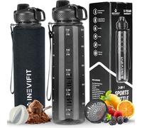 INEVIFIT Bouteille d'eau de sport 3 en 1 de 1 L avec marqueur de temps quotidien Tritan sans BPA anti-fuite avec filtre à fruits, boule mélangeuse, manchon isolant et sangle de transport