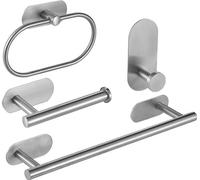 INF Ensemble de 4 pièces d'accessoires de salle de bain en acier inoxydable sans perçage - Porte-serviettes, anneau, crochet et support papier toilette Argent