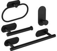 INF Ensemble de 4 pièces d'accessoires de salle de bain en acier inoxydable sans perçage - Porte-serviettes, anneau, crochet et support papier toilette Le noir