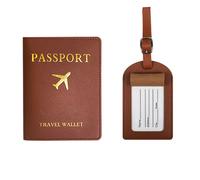 INF Ensemble Porte-Passeport et Étiquette de Bagage Noirs en Cuir PU (2 pièces) Marron