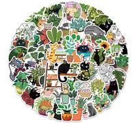 INF Lot de 50 Autocollants Chats et Plantes Dessin animé Mignon Chat Noir Vert Plante en Pot Autocollants imperméables pour Enfants, Adolescents, Adultes