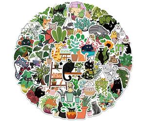 INF Lot de 50 Autocollants Chats et Plantes Dessin animé Mignon Chat Noir Vert Plante en Pot Autocollants imperméables pour Enfants, Adolescents, Adultes