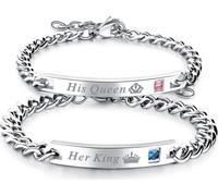 INF Paire de bracelets "Sa Reine" "Son Roi" Titane Acier Argent 2-Pièces