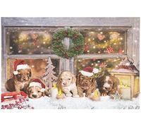 infactory Tableau de Noël à 5 LED avec des Chiots 60 x 40 cm