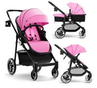 INFANS 2 in 1 Baby Stroller, High Landscape Infant Stroller & Reversible Bassinet Pram, Foldable Pushchair with Adjustable Canopy, Storage Basket, Cup Holder, Suspension Wheels (Pink)