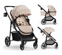 INFANS Poussette 2 en 1 pour bébé, poussette pour bébé paysage élevé et landau réversible, poussette pliable avec auvent réglable, porte-gobelet, panier de rangement, roues suspendues (kaki)