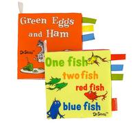 Infantino Dr. Seuss Lot de 2 livres d'activités doux, un poisson, deux poissons, poisson rouge, poisson bleu, œufs verts et jambon, livres en tissu pour bébé avec pages colorées et étiquettes en satin