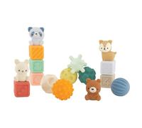 INFANTINO Woodland Balles, Blocs et Compagnons, Ensemble Sensoriel Bébé 16 Pièces, Blocs Souples à Empiler avec Animaux à Fixer, Balles Sensorielles Texturées pour Bébés de 6 à 18 Mois