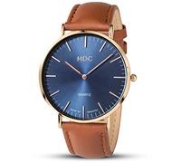 Infantry MDC Montre à quartz analogique ultra fine pour homme avec bracelet en cuir véritable, Bleu/or., Sangle