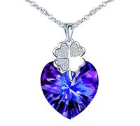 INFINIONLY Collier cristal cœur élégant pour femmes et filles, Collier en argent 925, Pendentif cristal cœur de l'océan, incrusté de mini trèfle, avec la chaîne de 45cm, orné zircon, violet
