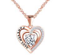 INFINIONLY Collier cœur élégant pour femmes et filles, Collier en argent 925, Pendentif cœur incrusté de zircon coloré brillant, gravé "FOREVER LOVE", bijou classique pour femme, or rose