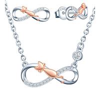 INFINIONLY Collier et Boucles d'oreilles femmes et filles, Bijoux Parures en argent 925, bijoux de symbole de l'infini avec chat mignon or rose, Procédé unique de galvanoplastie couleur, orné zircon