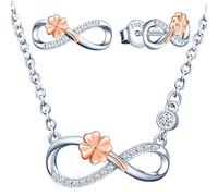INFINIONLY Collier et Boucles d'oreilles femmes et filles, Bijoux Parures en argent 925, Le symbole de l'infini entrelacé de trèfle en or rose, Procédé unique de galvanoplastie couleur, orné zircon