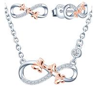INFINIONLY Collier et Boucles d'oreilles femmes et filles, Bijoux Parures en argent 925, Trois papillons or rose volant sur le symbole de l'infini, Procédé unique de galvanoplastie couleur, zircon