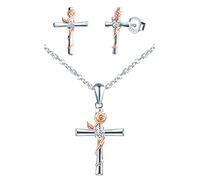 INFINIONLY Collier et Boucles d'oreilles pour femmes et filles, Bijoux Parures en argent 925, Fleur en or rose entrelacée de la croix en argent, Procédé unique de galvanoplastie couleur, orné zircon