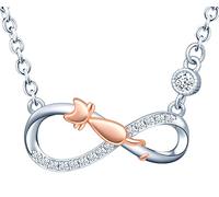 INFINIONLY Collier pour femmes et filles, Collier en argent 925, Pendentif Collier de symbole de l'infini avec chat mignon or rose, Procédé unique de galvanoplastie couleur, orné zircon, élégant