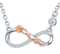 INFINIONLY Collier pour femmes et filles, en argent 925, Pendentif Collier symbole de l'infini argent entrelacé de fleurs or rose, Procédé unique de galvanoplastie couleur, orné zircon, élégant