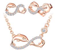 INFINIONLY Ensemble de bijoux, collier et boucles d'oreilles en argent 925, collier boucles d'oreilles femme fille, pendentif clou d'oreille symbole infini et dauphin mignon, zircon incrusté, or rose