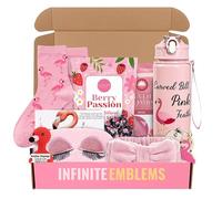 Infinite Emblems Ensemble cadeau flamant rose pour femme avec flamant rose positif, porte-clés, bouteille d'eau, chaussettes, bombe de bain, sel de bain, masque de sommeil, chouchou, bandeau rose et