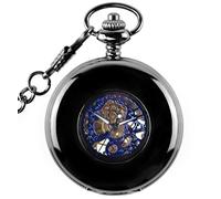 Infinite U Bleu Chiffre Romains Cadran Remontage Manuel Squelette Mécanique Montre de Poche en Acier 1*Chaîne de Gousset et 1*Chaîne Longue