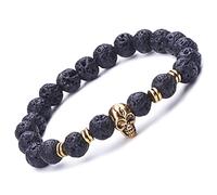 Infinite U - Bracelet élastique en alliage avec perles en pierre de lave et tête de mort, unisexe, thérapeutique, bon pour le yoga et la méditation, noir/doré