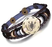 Infinite U Bracelet tressé rétro Multi-Rangs Les Douze Signes du Zodiaque en Alliage et Cuir Brun Sombre pour Femme Homme (Alliage-J)