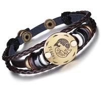 Infinite U Bracelet tressé rétro Multi-Rangs Les Douze Signes du Zodiaque Les Poissons en Alliage et Cuir Brun Sombre pour Femme Homme