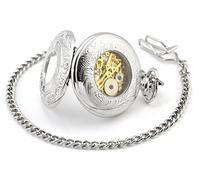 Infinite U Double Affichage de l'Heure Squelette Creux Acier Main-Vent Montre de Poche Mécanique Argent