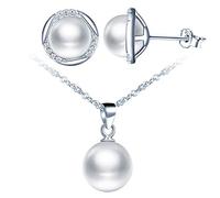 Infinite U Ensemble de bijoux de perle, Collier et Boucles d'oreilles en argent 925 pour femme fille, collier pendentif perle, boucles d'oreilles perle, orné zircon brillant, blanche