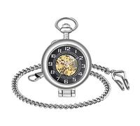 Infinite U Montre de Poche Mécanique pour homme femme, Noir Chiffres Arabes Angle Droit Loupe de Haute Qualité en Acier Mécanique Montre de Poche Pendentif Collier Argent