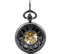 Infinite U Montre de Poche Mécanique pour Homme Garçon, Trèfle à Six Feuilles Chiffres Romains Squelette Creux Montre de Poche Mécanique Noir, Cadran à Chiffres Romains, boîtier en Alliage Creux