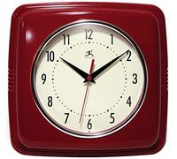 Infinity Instruments Square Silent Retro 9 inch Mid Century Modern Kitchen Diner Retro Wall Clock Quartz Sweep Movement (Red)