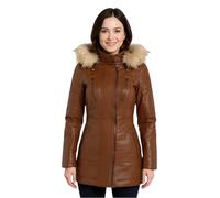 Infinity Leather Parka en Cuir Pour Femme - Trench Coat Matelassé Coupe Slim Avec Capuche Amovible Doublée de Fourrure et Poches Zippées