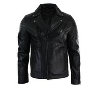 Infinity Leather Veste pour homme en cuir véritable effet vieilli vintage coupe cintrée fermeture diagonale - Noir 5XL