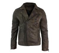 Infinity Leather Veste pour homme en cuir véritable effet vieilli vintage coupe cintrée fermeture diagonale - Marron 3XL