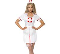 Infirmière costume ensemble cagoule jarretière et tablier 3 pièces blanc-rouge