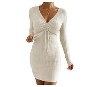 INFJMH Mini Robe Pull Moulante pour Femmes, Automne, Sexy, Manches Longues, Cravate sur Le Devant, Corset, Robe Courte en Tricot côtelé