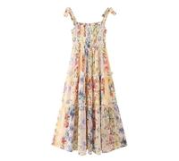 INFJMH Robe mi-Longue smockée à Fleurs pour Femmes, Tenue d'été à Bretelles Spaghetti, sans Manches, en Mousseline de Soie, Camisole, Style Boho, élégante, Robe de Plage