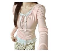 INFJMH Y2K Coquette Chemises pour Femmes Dentelle Patchwork serré Culture Hauts esthétique bébé t-Shirt nœud Papillon Cutecore vêtements