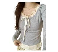 INFJMH Y2K Coquette Chemises pour Femmes Dentelle Patchwork serré Culture Hauts esthétique bébé t-Shirt nœud Papillon Cutecore vêtements