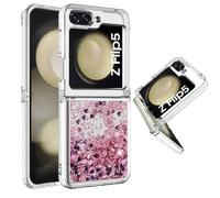 INFOR Coque pour Samsung Z Flip 5 Cover Paillettes Liquide Clear Silicone Crystal Glitter Floating Bumper Antichoc Protective Étui Housse pour Galaxy Z Flip 5 TPU Love Rose Gold YBWTLS.